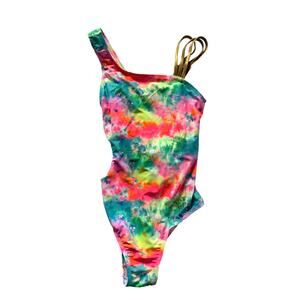 Betsey Johnson xo Tie Dye gold shoulder cutout swimsuit girls